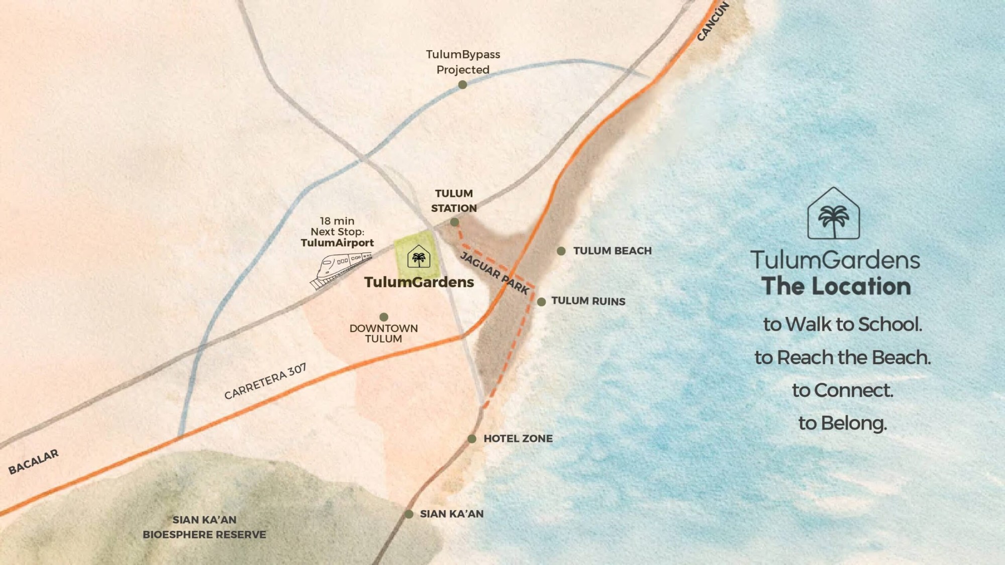Map of Tulum Gardens location by Tulum Station on the Maya Train, 18 minutes to Tulum Airport and minutes from Tulum Beach