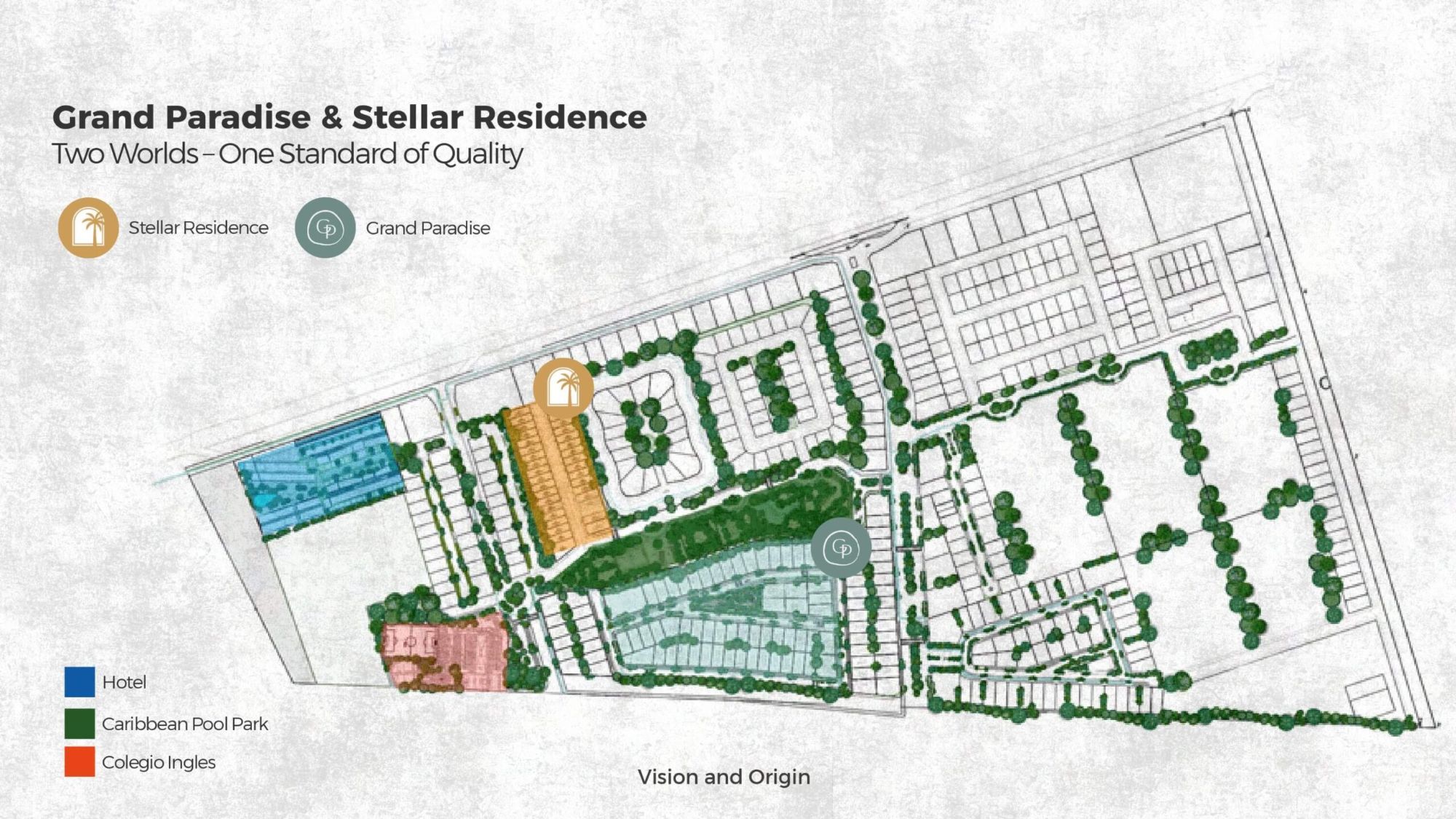 Tulum Gardens master plan with Stellar Residence, Grand Paradise, Caribbean Pool Park and Colegio Ingles bilingual school
