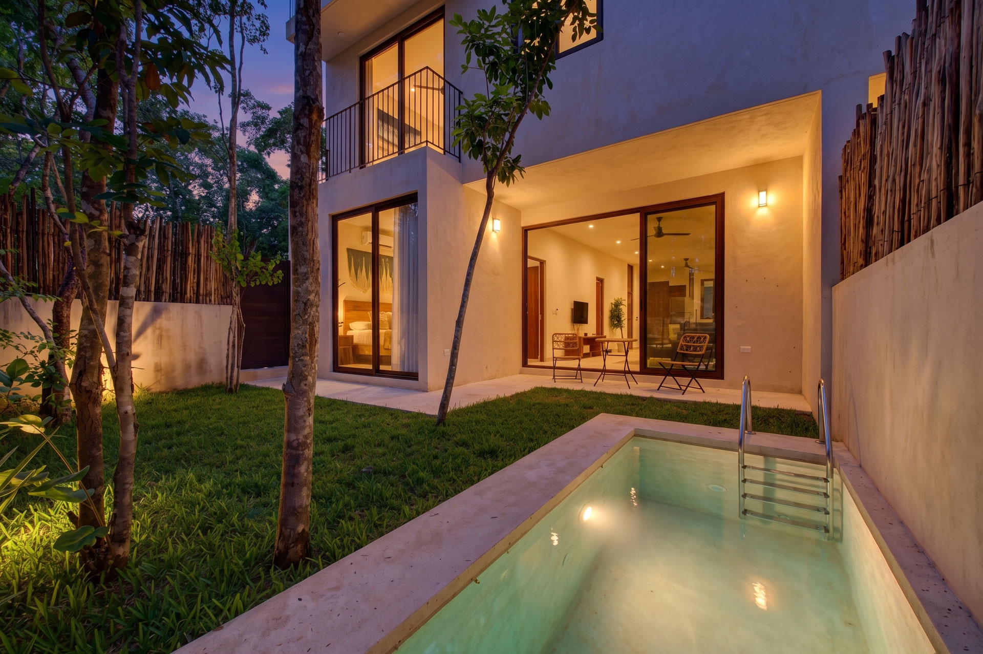Townhouse at dusk with private plunge pool, Tulum Gardens
