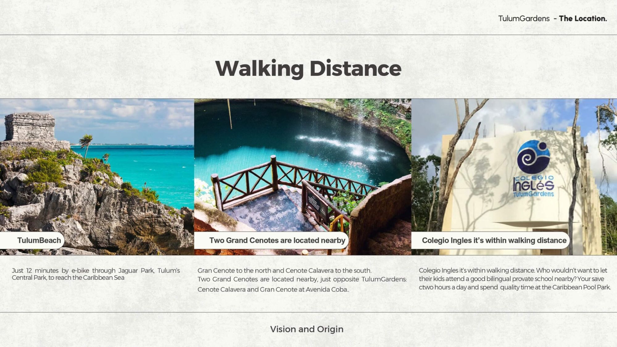 Walking distance from Tulum Gardens to Tulum Beach, two grand cenotes and Colegio Ingles bilingual school